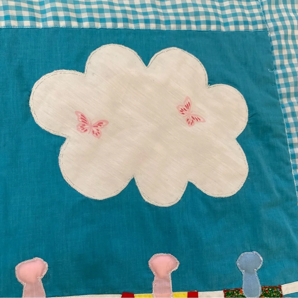 Vintage MCM Handmade Baby Quilt Blanket Plaid Embroidered